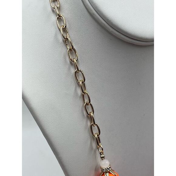 Lilly Pulitzer Tangero Orange Fabric Dangle Flowers Pink Beaded Long Necklace‎ - Picture 9 of 12